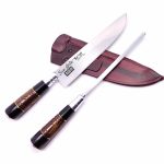 Kit Faca Inox 8" e Chaira Cabos em Chifre e Madeira com Bainha em Couro 4008 PMT