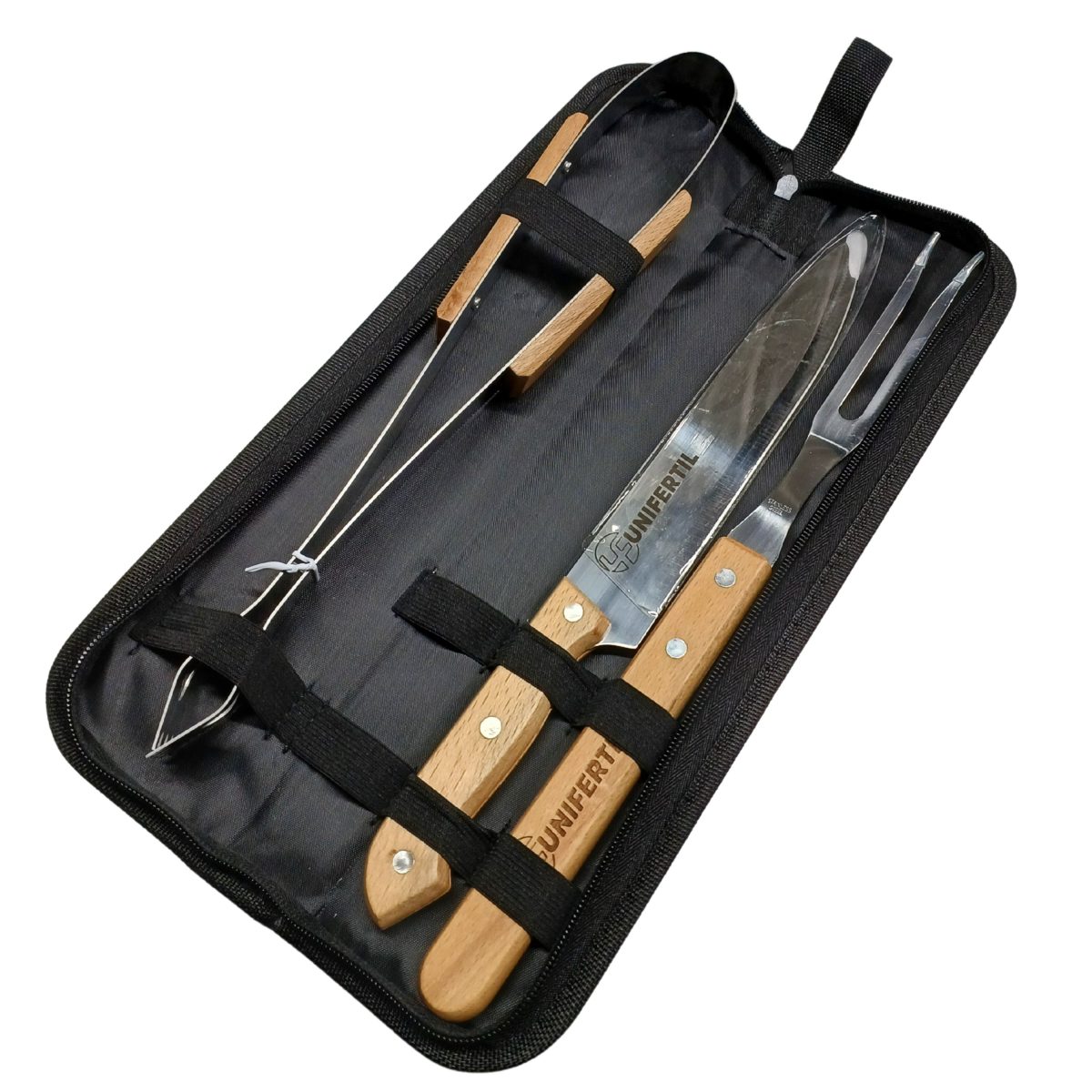 Kit Churrasco 3 peças Personalizado co Estojo Garfo Faca Pegador Montado Brindes