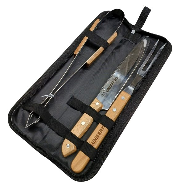 Kit Churrasco 3 peças Personalizado co Estojo Garfo Faca Pegador Montado Brindes