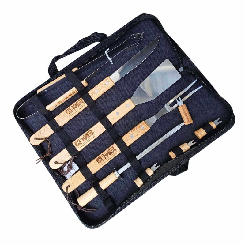 Kit Churrasco 9 Peças com Estojo Facas Espatula Pegador Garfinho Petiscos Chaira Personalziado Presente Evento Importadora