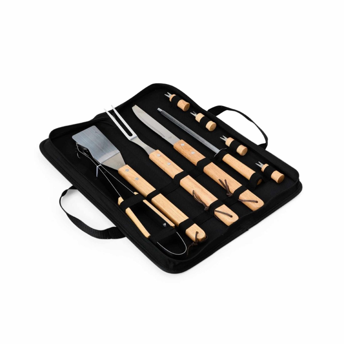 Kit Churrasco 9 Peças com Estojo Facas Espatula Pegador Garfinho Petiscos Chaira Personalziado Presente Evento Importadora