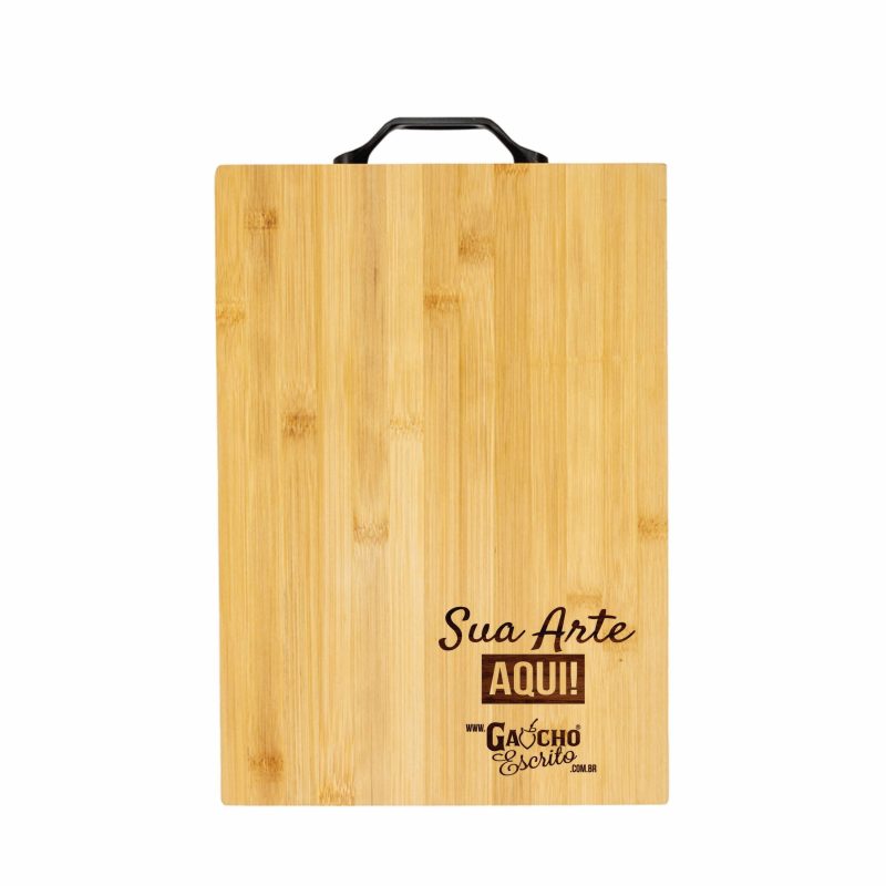 tábua de corte retangular em bambu personalizada a laser com alça lateral para churrasco e cozinha