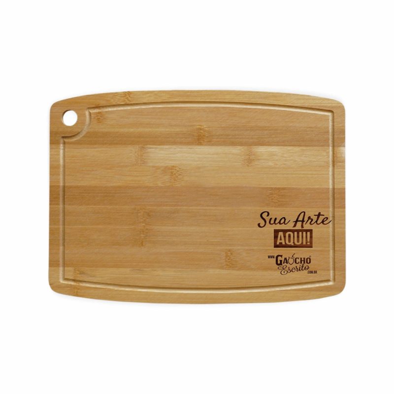 tábua de corte retangular em bambu com canaleta e furo personalizada a laser para churrasco e cozinha