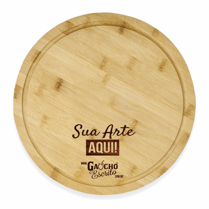 tábua de corte redonda em bambu lisa personalizada a laser para churrasco e cozinha